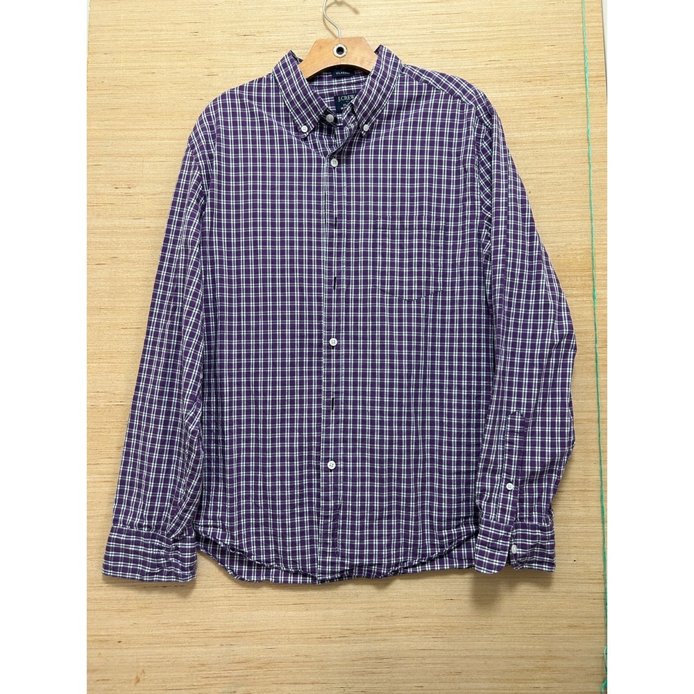 J.Crew Flex Washed Shirt Mens Large Classic Fit Purple White Plaid Button Down